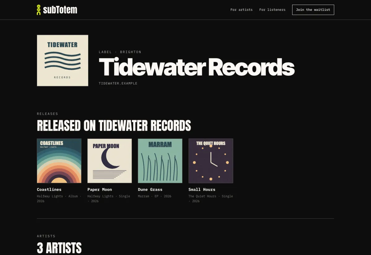 Tidewater Records, a made-up label, on subTotem's real page